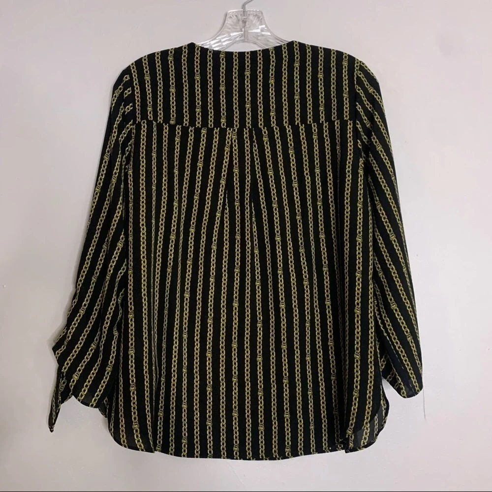 Michael Kors Black Gold Chain Stripe v neck knot blouse small new with tags